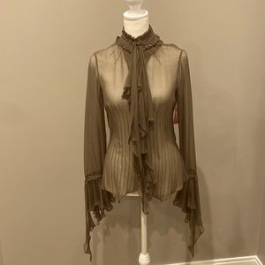 Silk Blouse. Sheer MockNeck. Yigal Azrouel .Tan.